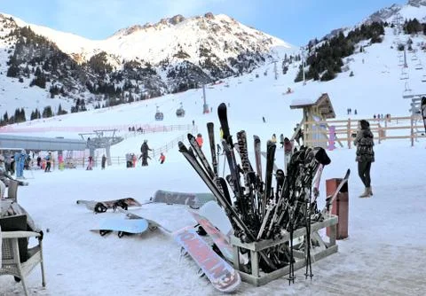 Skiing on a background of mountains Stock Photos