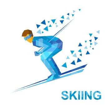 Skiing. Cartoon skier with blue patterns running downhill. 스톡 일러스트