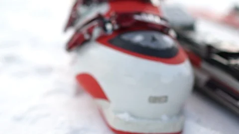 Skiing. A close-up of a ski boot and equipment. Fixing the boot in the skiing. Stock Footage 94889132