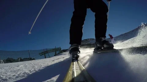 Skiing Down the Slope in the Mountains Close Up Stock Footage 72154166
