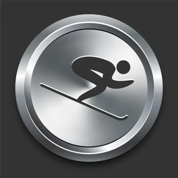 Skiing Icon on Metal Internet Button Stock Illustration