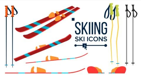 Skiing Icons Vector. Different View. Winter Sport Equipment. Equipment. Mountain Stock Illustration