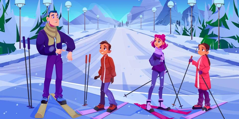 Skiing instructor training children in mountains Stock Illustration