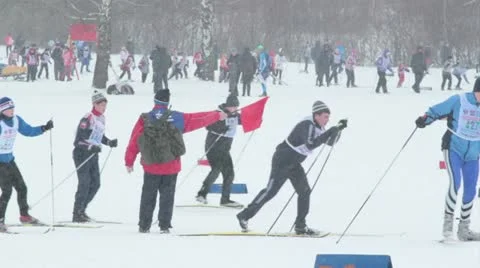 Skiing judge with red flag Stock Footage 22178878