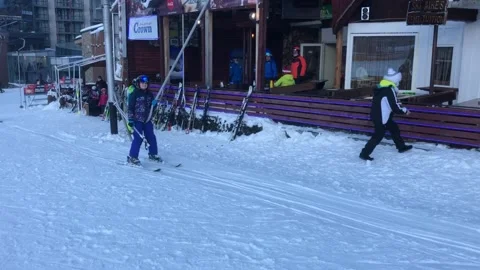 Skiing in mountains in Bulgaria Stock Footage 131383524