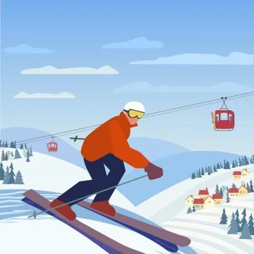 Skiing in mountains Stock Illustration