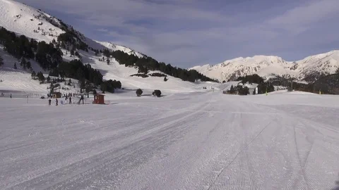 Skiing POV, empty piste, sunny with blue skies, Andorra, Pyrenees Mountains Stock Footage 82016300
