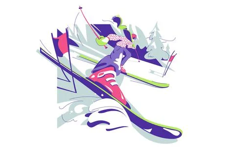 Skiing pro guy character in mountains on ski tool Stock Illustration