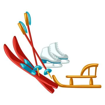 Skiing, sledging and skating for fun outdoor activities. Winter sport stylized Stock Illustration