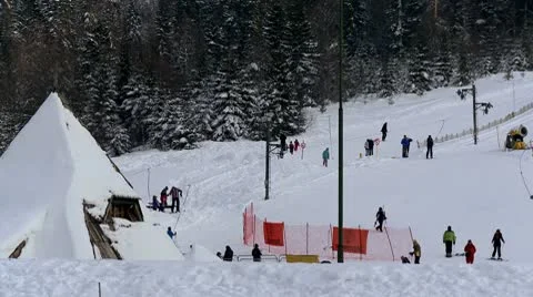 Skiing on the snow in the ski center Stock Footage