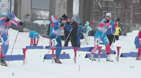 Skiing start competition Stock Footage