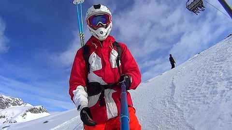 Skiing in Val d´Isere making a selfie  Stock Footage 61184091