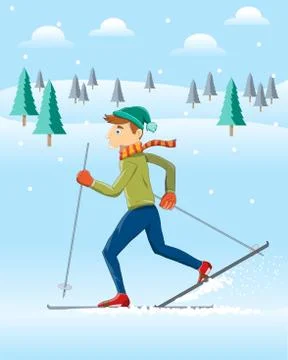 Skiing in Winter landscape Stock Illustration