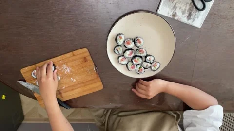 Skill and patience required in sushi preparation, culinary techniques and home Video stock 280985101