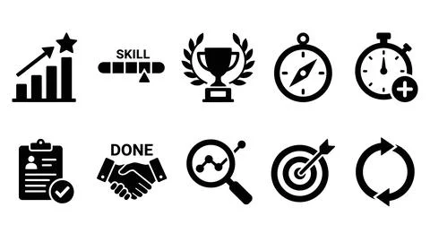 Skill development and business performance tracking solid black icon set. Illustrazione stock
