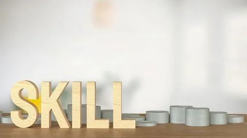 The Skill text and coins for training or learn concept 3d rendering. Stock Illustration