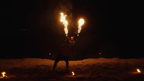 Skilled Acrobat Performing Flip In Air In Night, Fire Show And Pyrotechnics Stock Footage 254318197