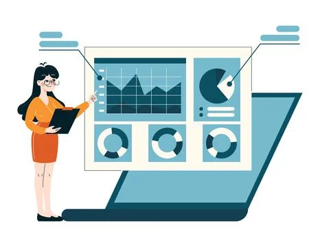 Skilled analyst exploring graphs on a laptop, optimizing business strategies Stock Illustration