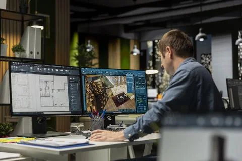 Skilled architect creating a 3D render of apartment interior layout Stock Photos
