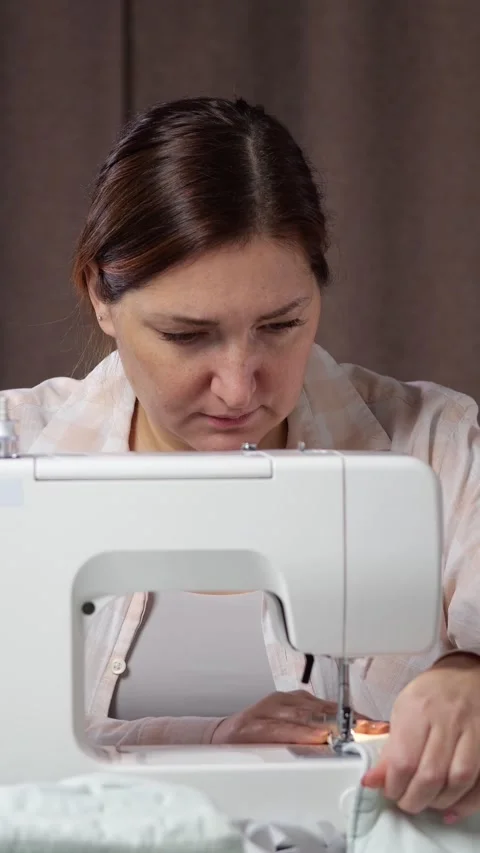 Skilled Artisan Stitching White Textile Material Works Steadily At Mechanical Stock Footage 347188507