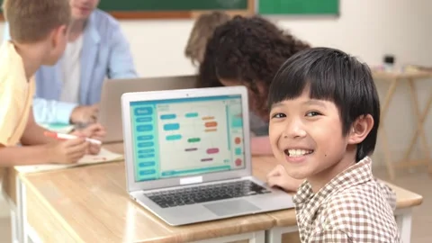 Skilled asian boy coding program and looking at camera in STEM class. Pedagogy. Stock Footage 274592666