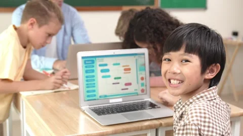 Skilled asian boy coding program and looking at camera in STEM class. Pedagogy. Stock Footage 281286254