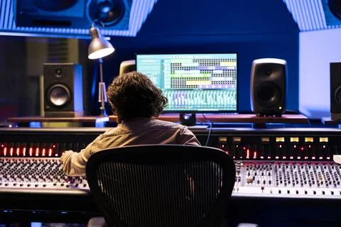 Skilled audio engineer operating on digital computer software Stock Photos