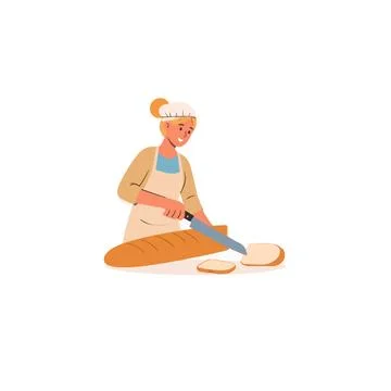 A skilled baker skillfully slicing a fresh loaf of bread, embodying the art.. Stock Illustration