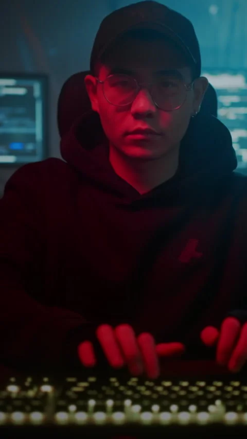 Skilled computer cracker typing on modern keyboard indoors Stock-Footage 314502947