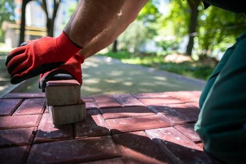 A skilled construction worker lays red paving stones on a sidewalk. Stock-Fotos