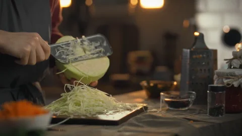 A skilled cook utilizes a specialized tool to chop cabbage into chopped unif Stock Footage 331314862