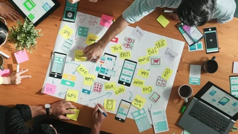 Skilled developer team sharing Ux Ui design by using mind map. Convocation. Stock Footage 267300889