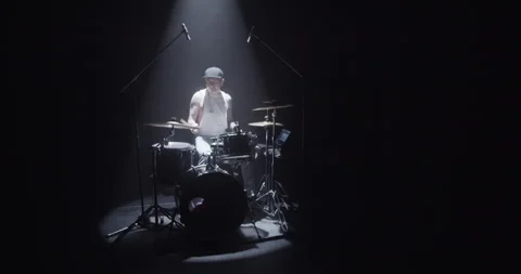 Skilled drummer playing ride and crash cymbals on stage Stock Footage 249852779
