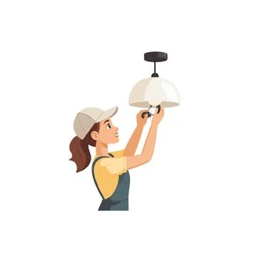 Skilled electrical worker installing light fixture with precision in reside.. Stock Illustration