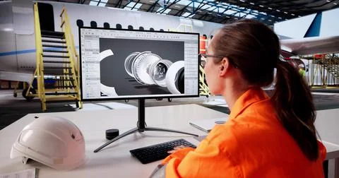 Skilled Engineer Ensures Aircraft Engine Safety At Aerospace Factory Hangar. Foto stock