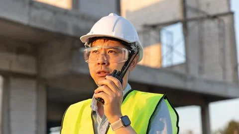 Skilled engineer inspects factory construction and uses a radio to chat with Stock Photos