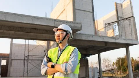 Skilled engineer inspects factory construction and uses a radio to chat with Stock Photos