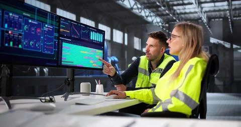 Skilled Engineer Operators Using SCADA System At Industrial Plant Site. Stock Photos