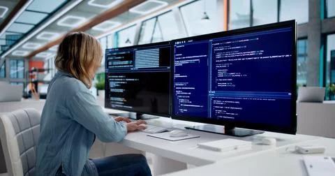 Skilled Female Developer Leading Coding Projects In Contemporary Office Setti Foto stock