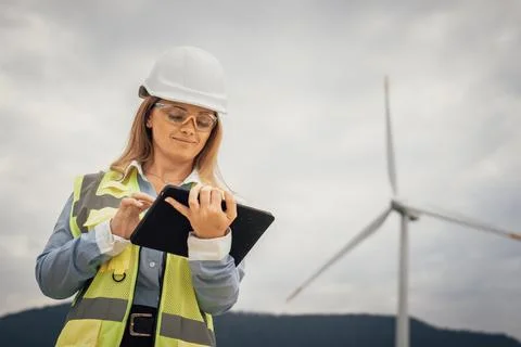 A skilled female engineer inspects a wind turbine with her tablet, ensuring Stock Photos