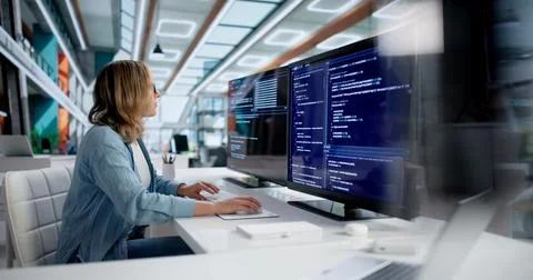 Skilled Female Software Developer Leading Coding Team In Modern Office. 스톡 사진