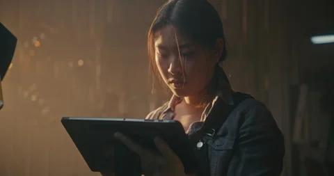 Skilled Female Uses Digital Tablet Communicate With Car ECU, Resetting Service Stock Footage 330263948