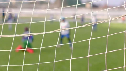 A skilled goalkeeper is positioned in the background behind the goal net on a vi Stock Footage 295931701