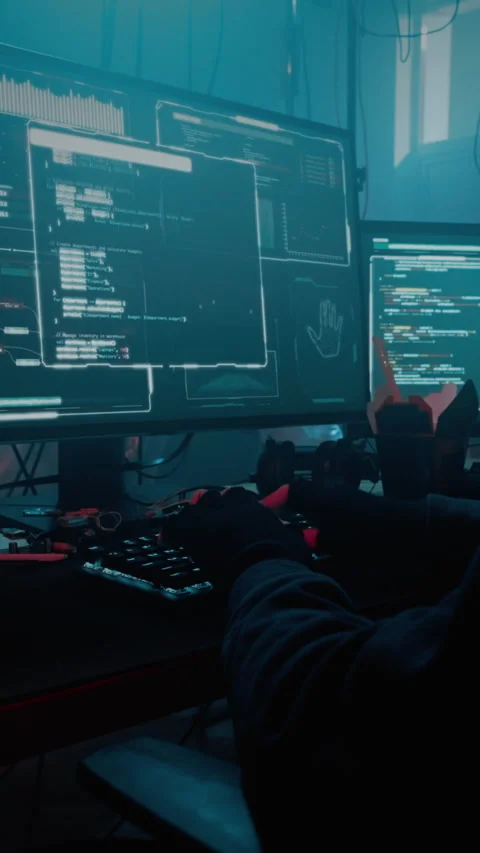 Skilled hacker sitting at dark room with multiple monitors Stock Footage 314502752