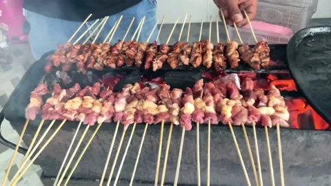 The skilled hands of a trader roast satay on wood charcoal coals Stock Footage 228907330