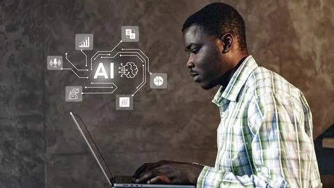 Skilled individual uses laptop to explore artificial intelligence concepts in a Foto stock