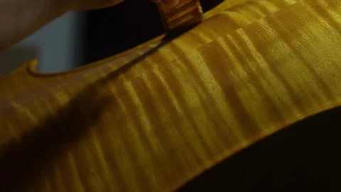 Skilled luthier brushing varnish onto cello back plate marbling, preserving.. Stock Footage 313281109