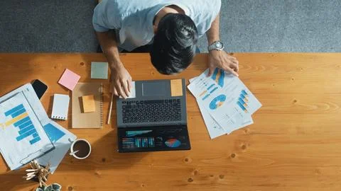 Skilled manager working on laptop while looking at data analysis. Convocation. Stock Photos