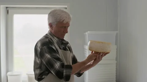 Skilled Mature Artisan Cheesemaker Adding Layer of Liquid Latex on Cheese Wheel Stock Footage 319338593