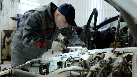 Skilled mechanic checking vehicle engine, wearing grey uniform and protective Stock Photos